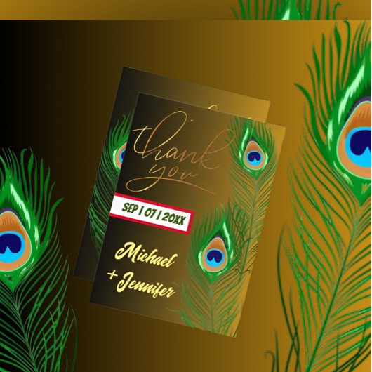 Moderne Pfauenfeder Golden Black Custom Wedding Dankeskarte