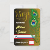 Moderne Pfauenfeder Golden Black Custom Wedding RSVP Karte (Vorderseite)