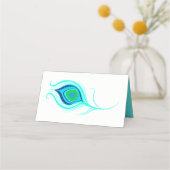 Moderne Pfauenfeder Hochzeitgefaltete Platzkarte (Rückseite)