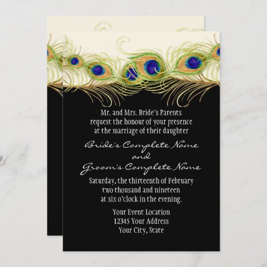Moderne Pfauenfedern Monogramm Mit Monogramm Einladung (Vorne/Hinten)