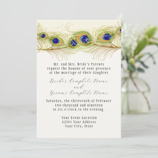 Moderne Pfauenfedern Monogramm Mit Monogramm Einladung (Stehend Vorderseite)