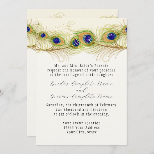 Moderne Pfauenfedern Monogramm Mit Monogramm Einladung (Vorne/Hinten)