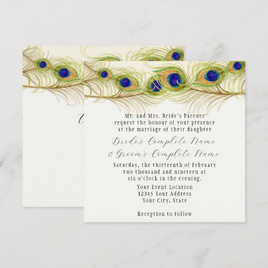 Moderne Pfauenfedern Monogramm Mit Monogramm Einladung (Vorne/Hinten)