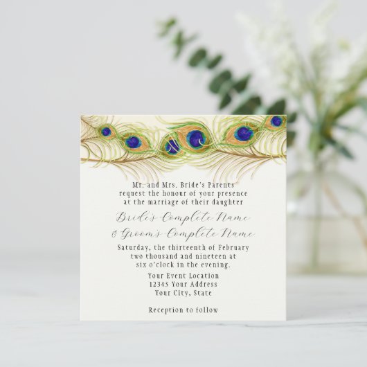 Moderne Pfauenfedern Monogramm Mit Monogramm Einladung (Stehend Vorderseite)