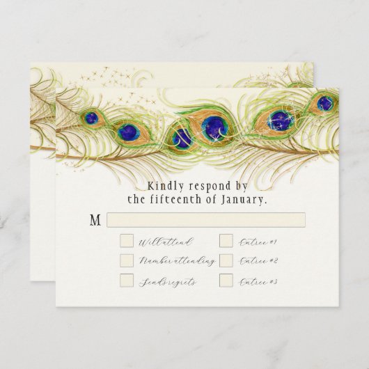 Moderne Pfauenfedern Monogramm Mit Monogramm RSVP Karte (Vorne/Hinten)