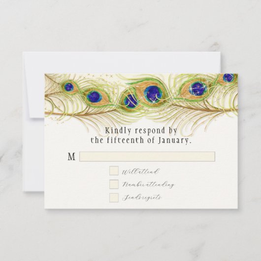 Moderne Pfauenfedern Monogramm Mit Monogramm RSVP Karte (Vorderseite)