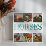Moderne Pferdefoto-Collage Fotoplatte<br><div class="desc">Maßgeschneiderte Pferdebilderplakette mit einem schicken,  weißen Hintergrund,  der in jede Farbe verändert werden kann,  6 quadratische Bilder Ihrer Haustiere,  das Pferdeziffer "Leben ist besser mit Pferden" und ihre Namen.</div>