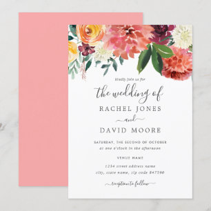 Moderne Pfirsich-Burgunder-Aquarell-Blumenhochzeit Einladung