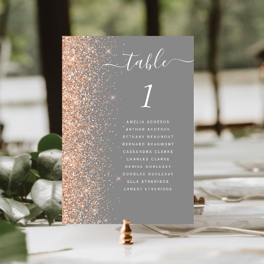 Moderne Pfirsich-Glitter-Graue Hochzeit Tischnummer