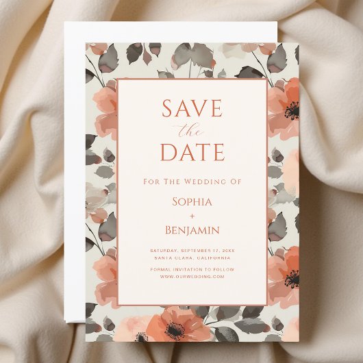 Moderne Pfirsich-Hochzeit Save The Date