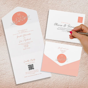 Moderne Pfirsich-Liebesvögel-Monogramm-Hochzeit All In One Einladung