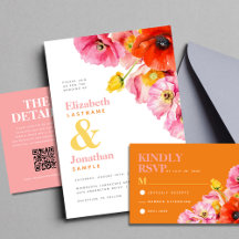 Moderne Pfirsich-Rosa-Orange-Gelbe Mohn-Hochzeit