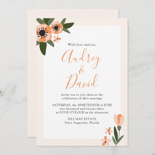 Moderne Pfirsich und orangefarbene Blumen Einladun Save The Date (Vorne/Hinten)