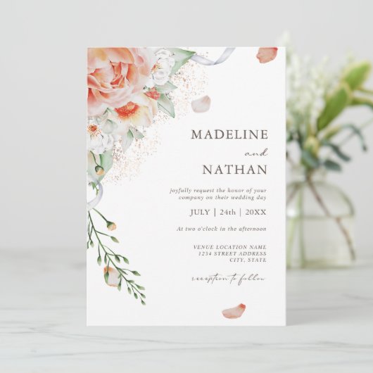 Moderne Pfirsichfarben - Einladung zur Hochzeitsfe (Stehend Vorderseite)