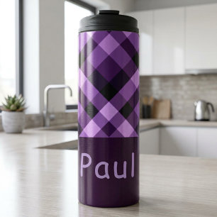Moderne Pflaume Lila Karierte Monogram Thermal Tum Thermosbecher