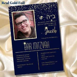 Moderne PHOTO Bar Mitzwa mit HEBRÄISCH Blau Gold Folieneinladung