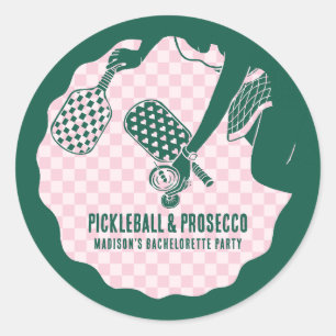 Moderne Pickleball- und Prosecco-Junggesellinnen-W Runder Aufkleber