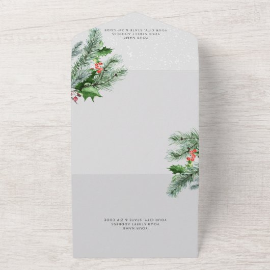 Moderne Pine Berries & Snow Gray Abendessen All In One Einladung (Außenbereich)