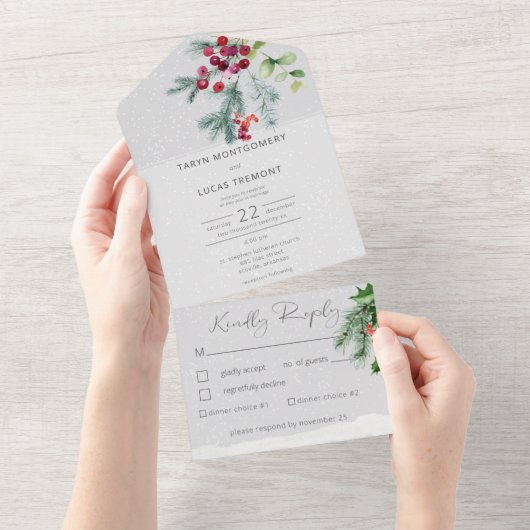 Moderne Pine Berries & Snow Gray Abendessen All In One Einladung (Abreißen)