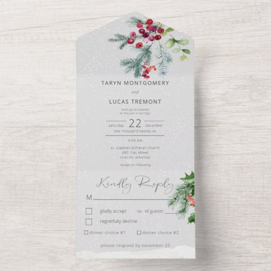 Moderne Pine Berries & Snow Gray Abendessen All In One Einladung (Innen Boden)