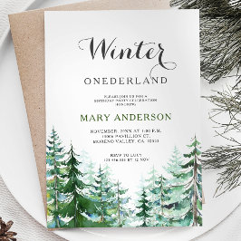 Moderne Pine Trees Winter Onederland Geburtstag Einladung