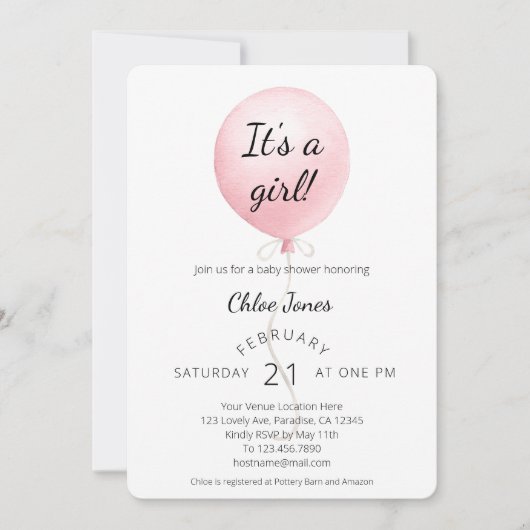 Moderne Pink Balloon Girl Babydusche Einladung (Vorderseite)