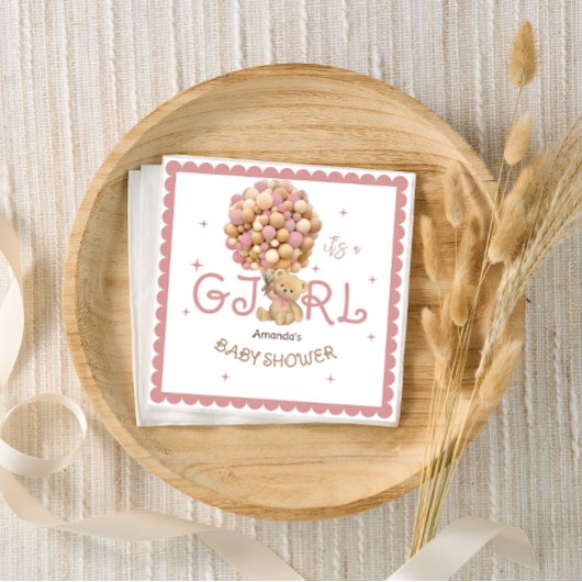 Moderne Pink Bear Balloons Kindermädchen Dusche Serviette