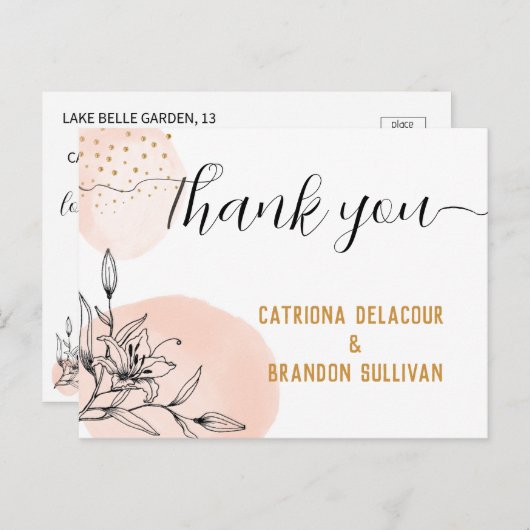 Moderne Pink & Black Blume Gold Dots Hochzeit Postkarte (Vorne/Hinten)