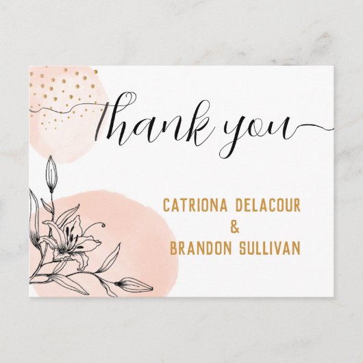 Moderne Pink & Black Blume Gold Dots Hochzeit Postkarte (Vorderseite)