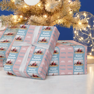 Moderne Pink Blaue Familienfoto Weihnachten Frohe Geschenkpapier