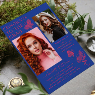 Moderne Pink Blue Butterfly Foto Graduation Party Einladung