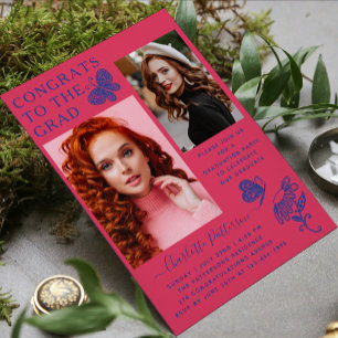 Moderne Pink Blue Butterfly Foto Graduation Party Einladung