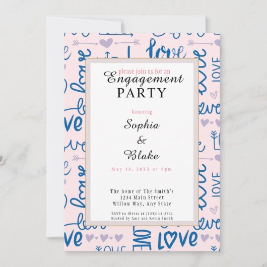 Moderne Pink & Blue Liebe Engagement Party Einladung (Vorderseite)