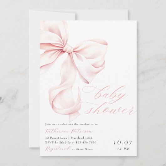Moderne Pink Bow Baby Dusche Einladung (Vorderseite)