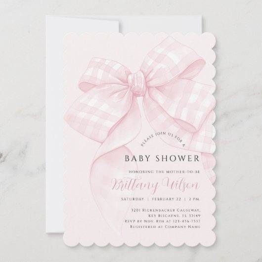 Moderne Pink Bow Baby Dusche Einladung (Vorderseite)