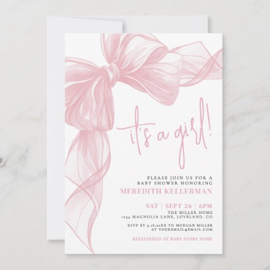 Moderne Pink Bow Babydusche Einladung (Vorderseite)