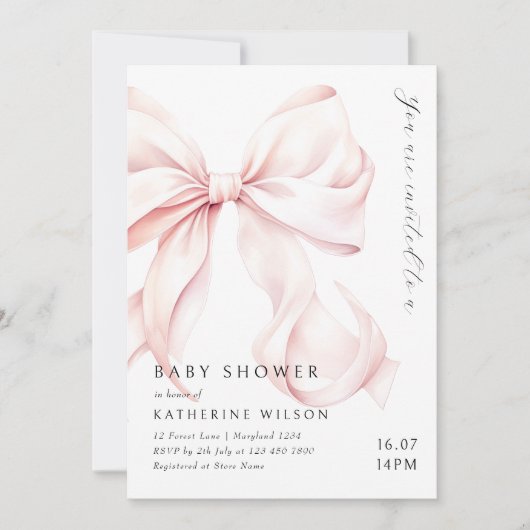Moderne Pink Bow Babydusche Einladung (Vorderseite)