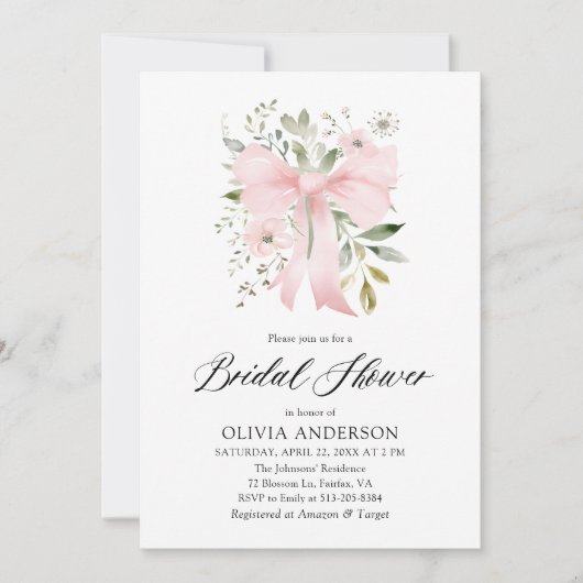 Moderne Pink Bow Blütenblume Liebe im Bloom Brautp Einladung (Vorderseite)