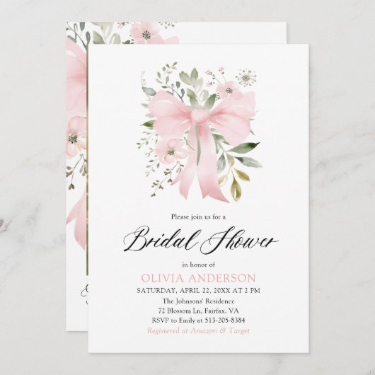 Moderne Pink Bow Blütenblume Liebe im Bloom Brautp Einladung (Vorne/Hinten)