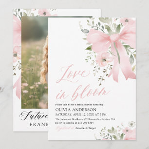 Moderne Pink Bow Blütenblume Liebe im Bloom Brautp Einladung