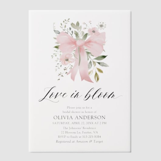 Moderne Pink Bow Blütenblume Liebe im Bloom Brautp Pergament Einladungen (Vorderseite)