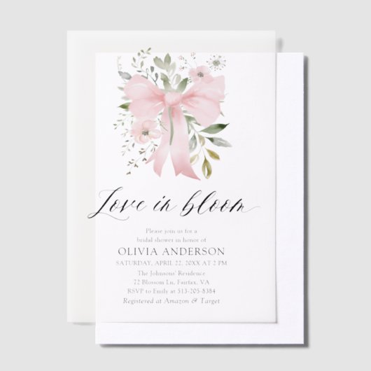 Moderne Pink Bow Blütenblume Liebe im Bloom Brautp Pergament Einladungen (Versetzt)