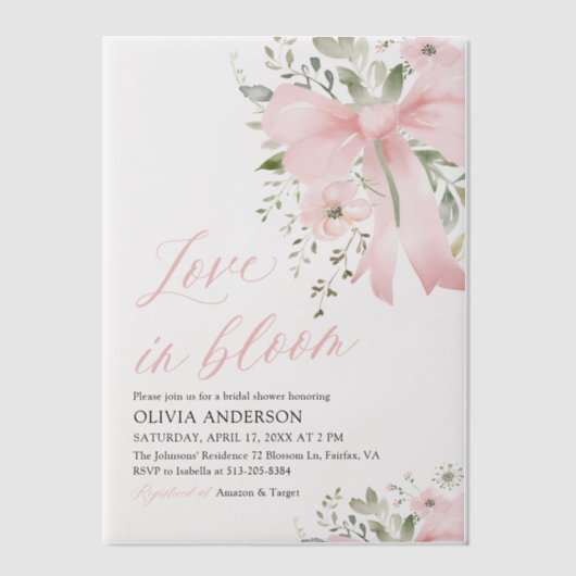 Moderne Pink Bow Blütenblume Liebe im Bloom Brautp Pergament Einladungen (Vorderseite)