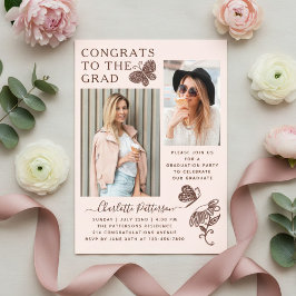 Moderne Pink Brown Butterfly Foto Graduation Party Acryleinladungen