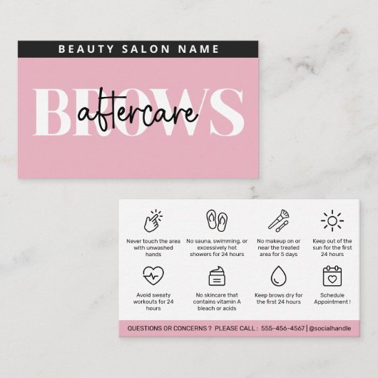 Moderne Pink Brows Aftercare PMU Brow Instruktione Visitenkarte (Vorne/Hinten)
