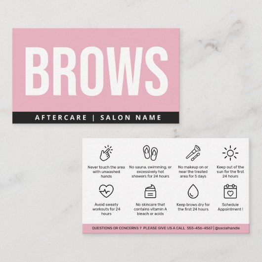Moderne Pink Brows Aftercare PMU Brow Instruktione Visitenkarte (Vorne/Hinten)