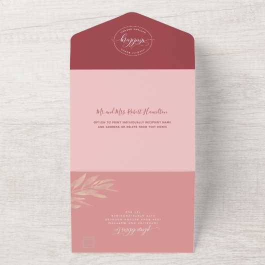 Moderne Pink Burgundy Hochzeit mit Perforated UAWG All In One Einladung (Außenbereich)