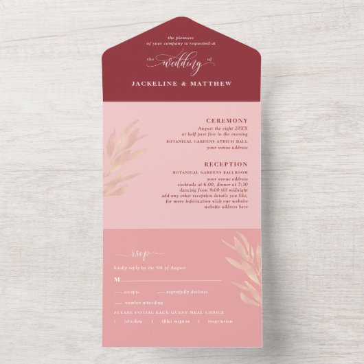 Moderne Pink Burgundy Hochzeit mit Perforated UAWG All In One Einladung (Innen Boden)