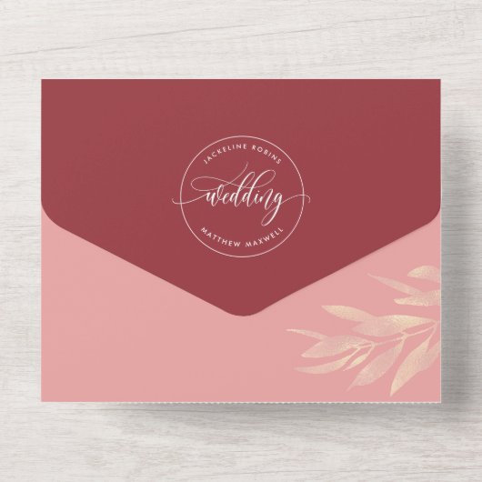 Moderne Pink Burgundy Hochzeit mit Perforated UAWG All In One Einladung (Rückseite)