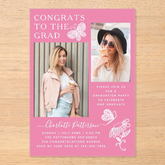 Moderne Pink Butterfly Foto Graduation Party Acryleinladungen (Vorderseite)